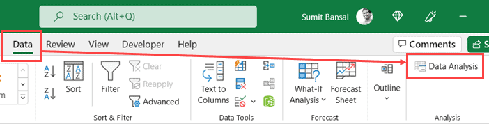 Data analysis option in Excel