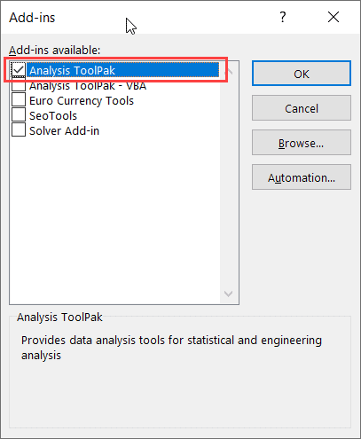 Select Analysis Toolpak