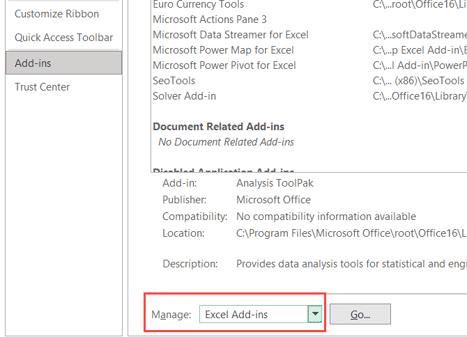 Select Excel Add-ins