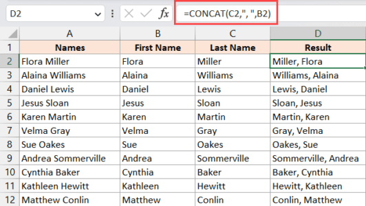 How to Switch First and Last Name in Excel with Comma?
