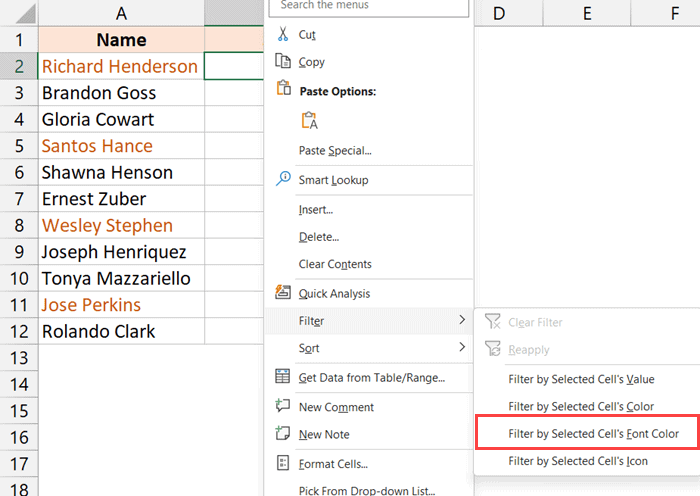 select filter by selected cell font color option