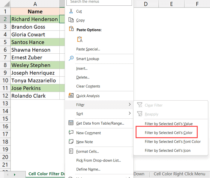select filter by selected cells color option