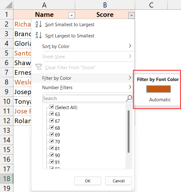 select the font color based on which you want to filter the data