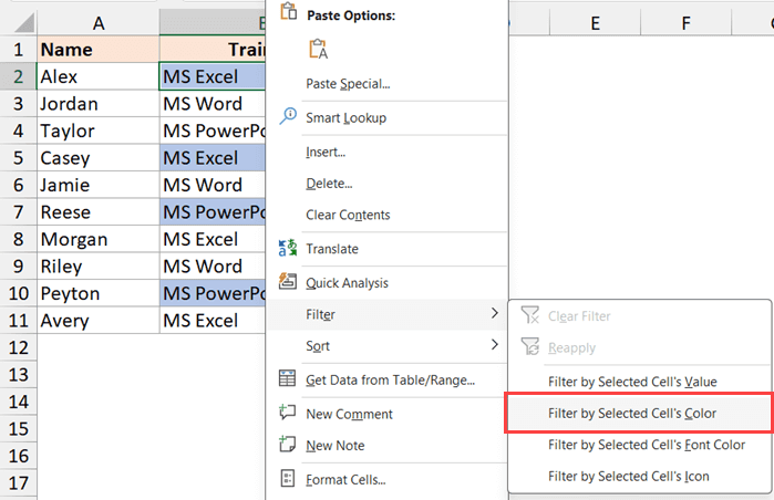 Select filter by selected cell color option