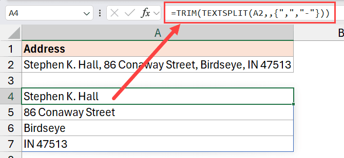 Hàm Textsplit sử dụng hai dấu phân cách để chuyển văn bản thành hàng