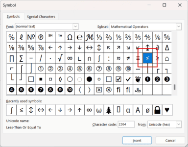 Insert Less Than Or Equal To Symbol in Excel