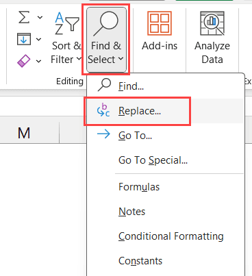 Click on the replace option in the drop down menu