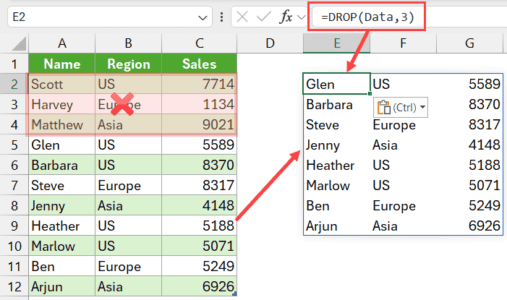 DROP Function in Excel