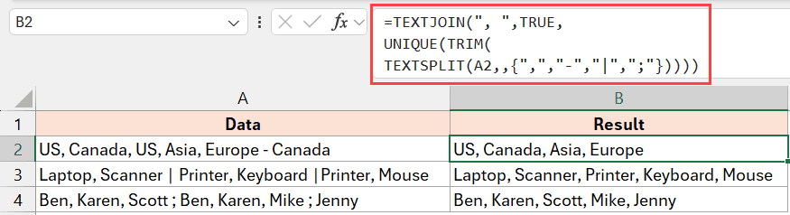 Formula to remove duplicates from a cell with inconsistent delimiters