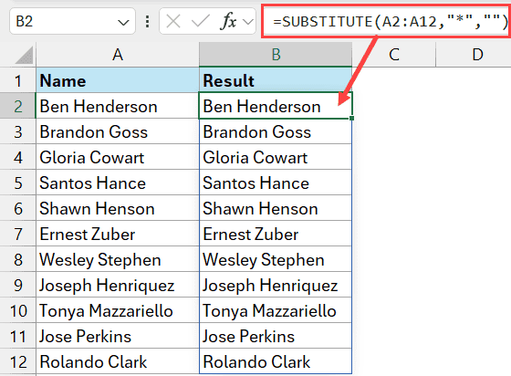 Substitute function to remove asterisk symbol dynamic array