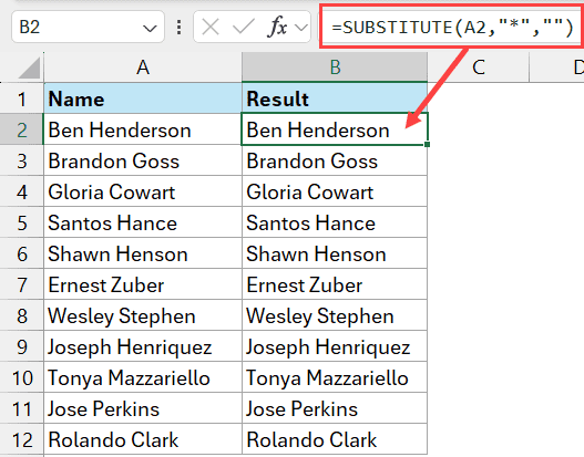 Substitute function to remove asterisk symbol