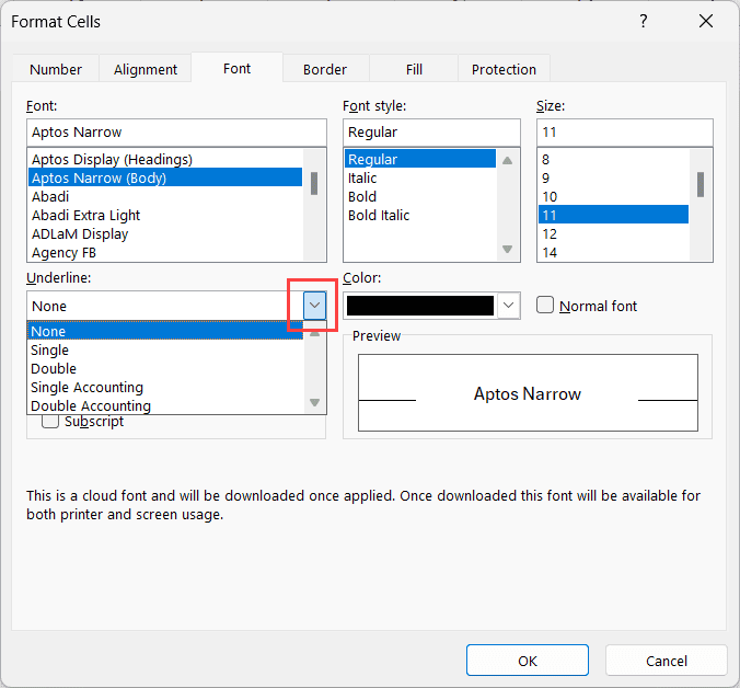 Click on the underline drop down