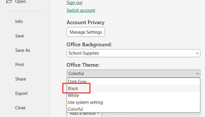 from the drop down select black as the office theme