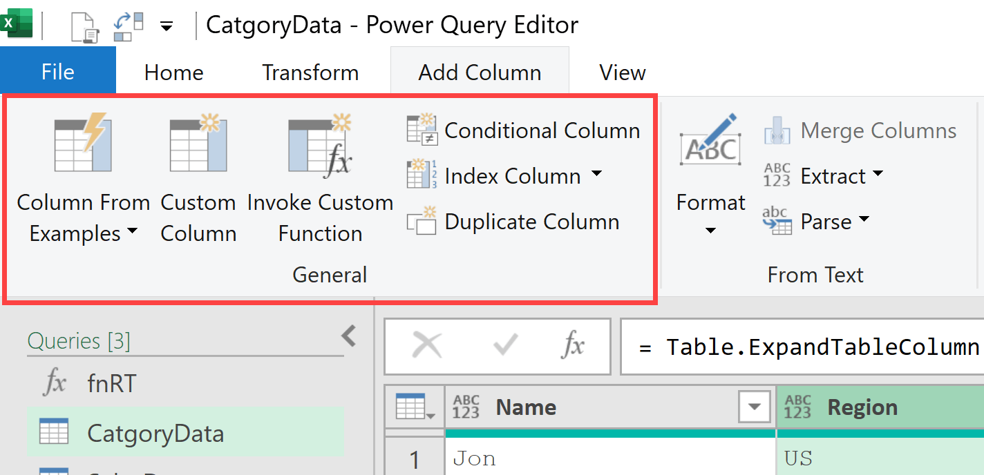 Add column options in power query