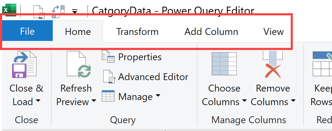 Different tabs in the ribbon in power query