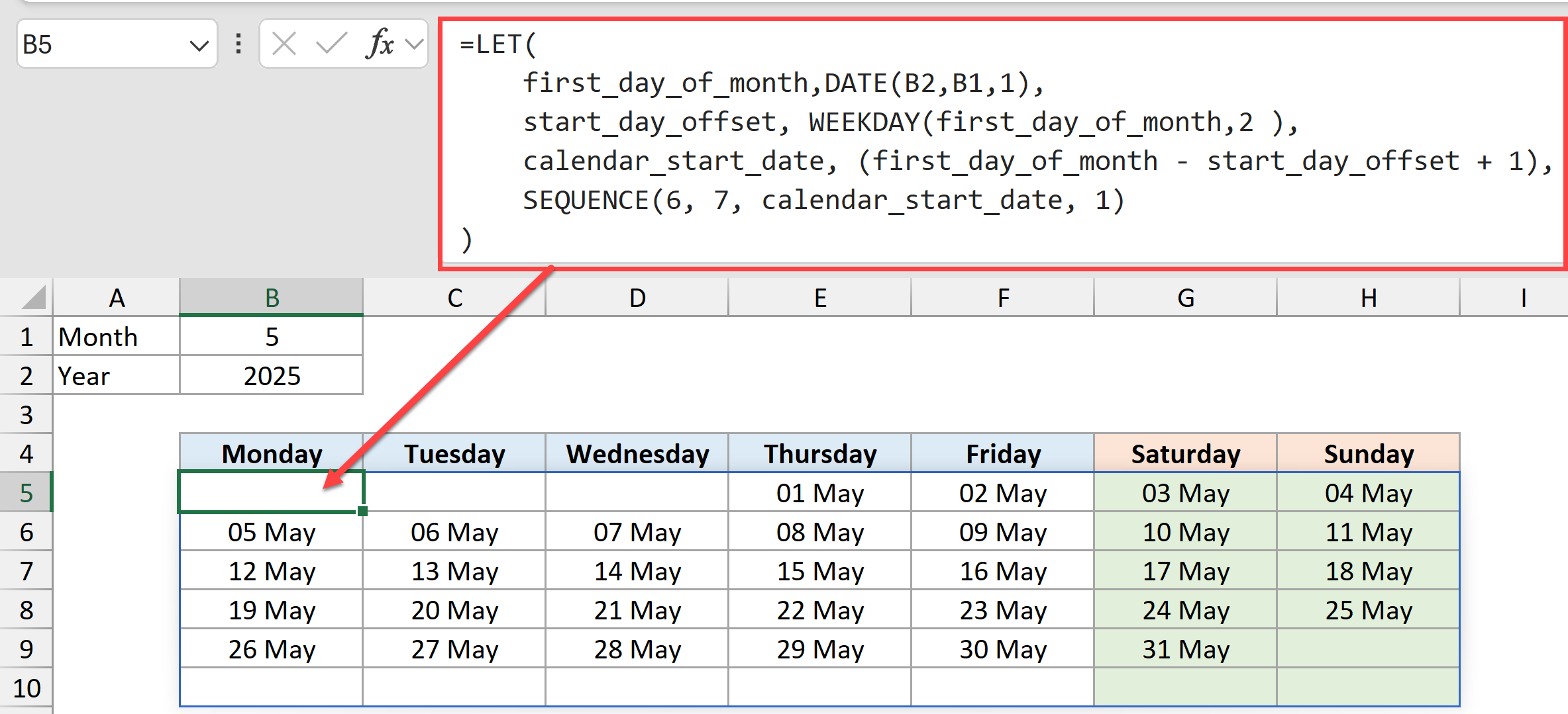 Dynamic Calendar in Excel using Sequence function