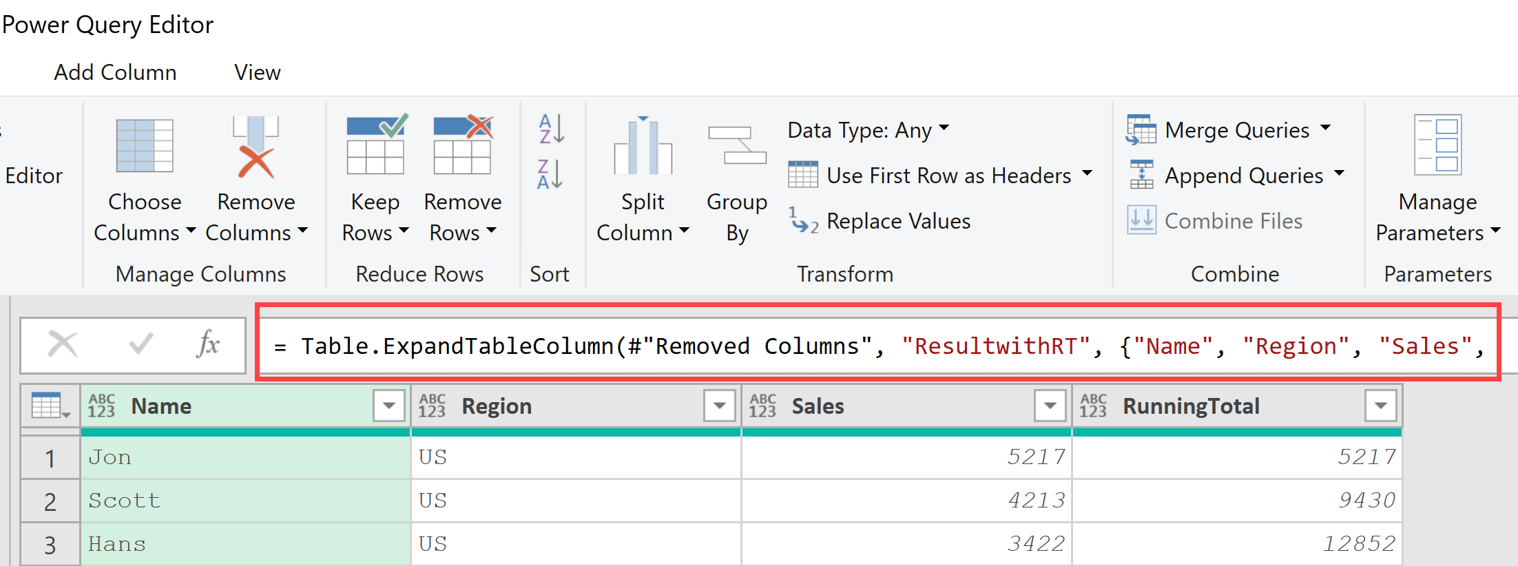 Formula bar in Power Query