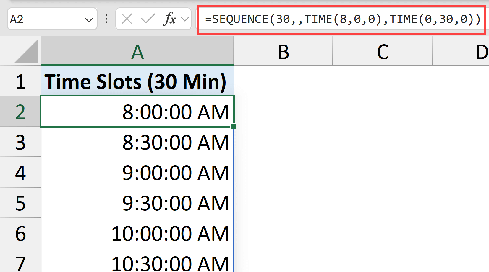 Get a list of time slots
