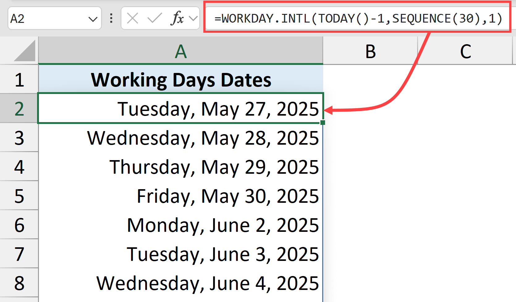 Get a list of working days