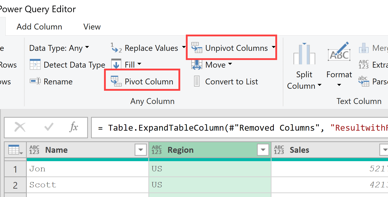 Pivot and Unpivot option in power query