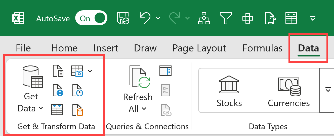 Power Query option in the data tab in Excel