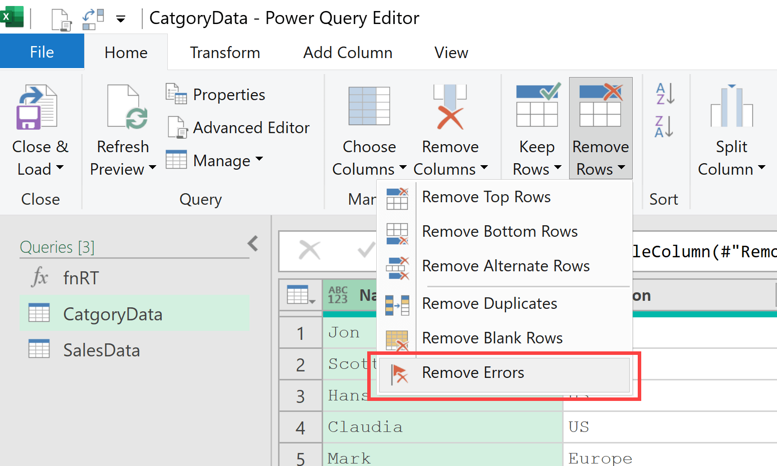 Remove Errors option in power query