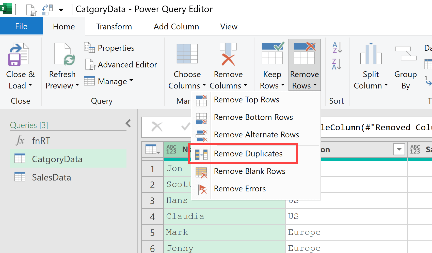 Remove duplicates option in power query