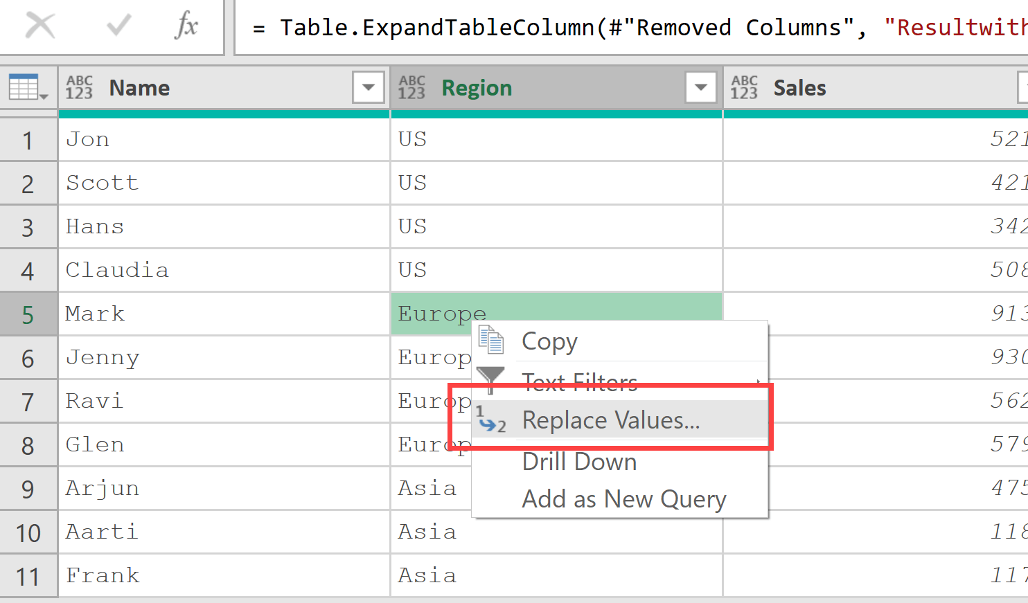 Replace Values option in power query