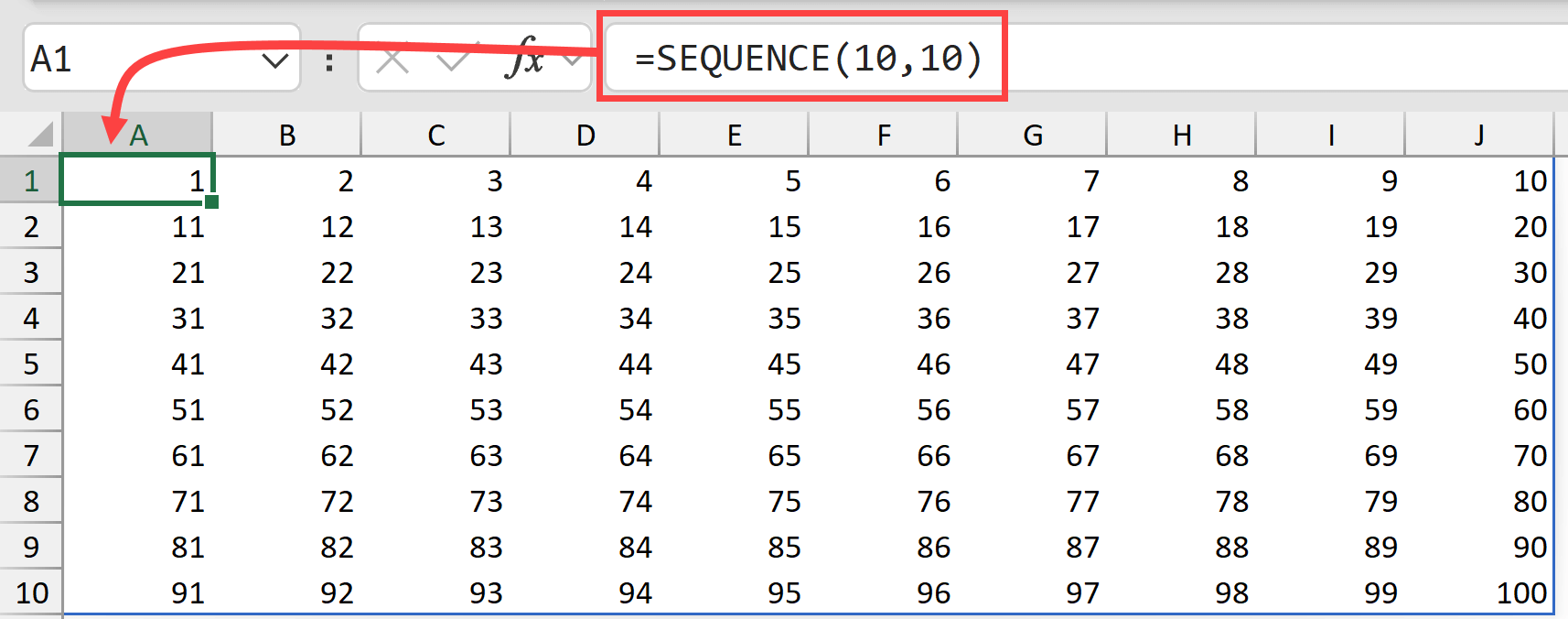 Sequence function giving a grid of ten rows and ten columns