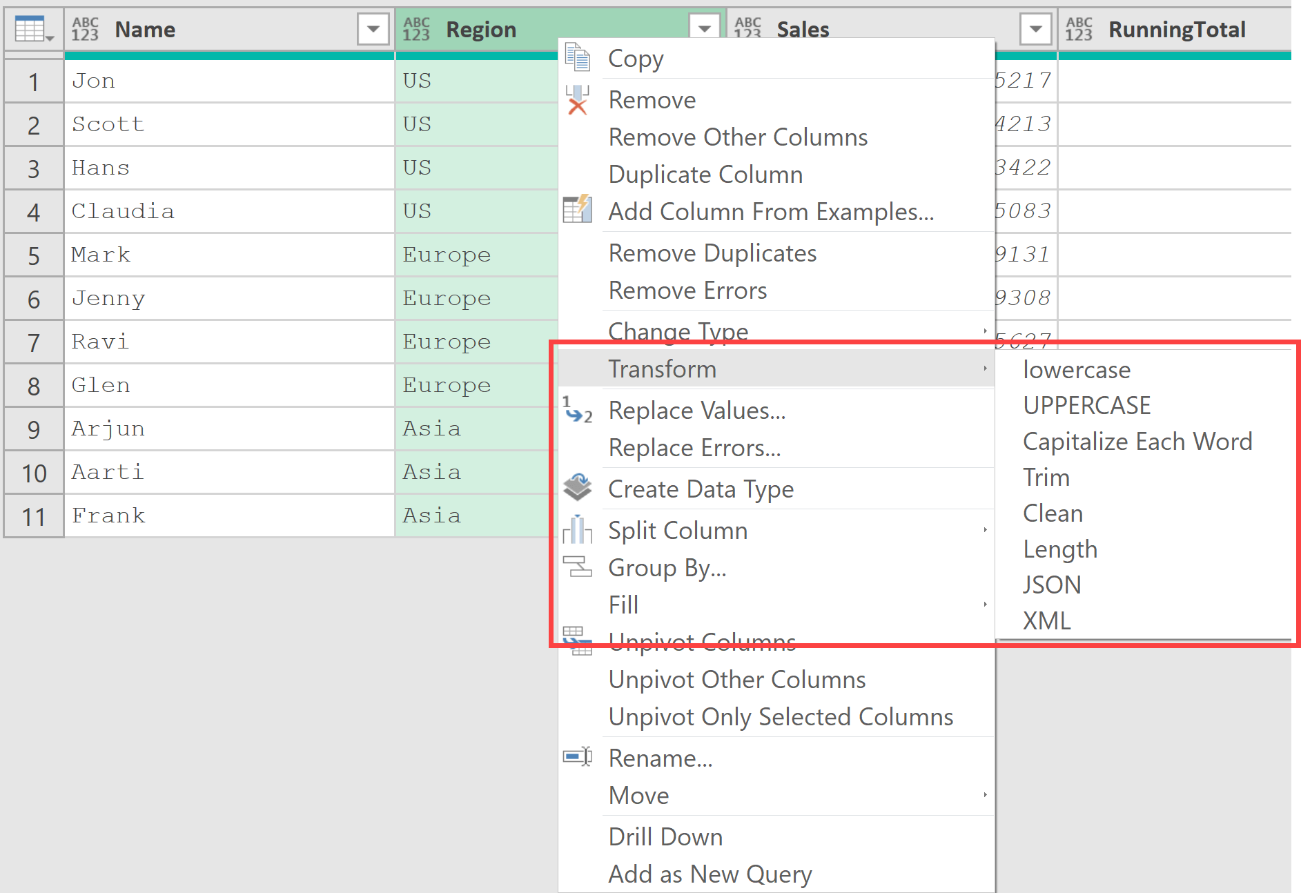 Transform option in power query