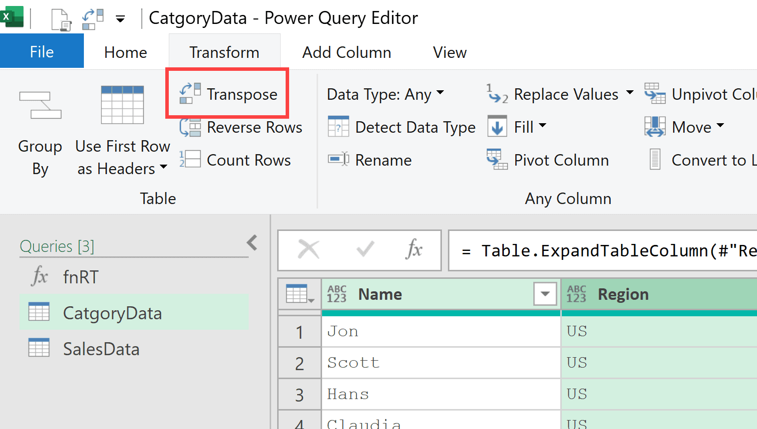 Transpose option in power query