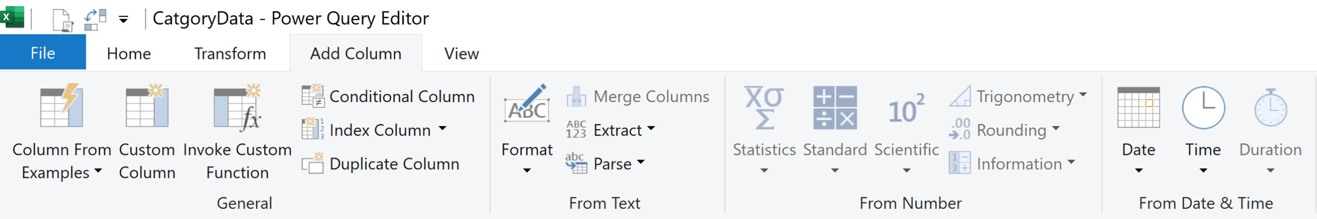 options in the add column tab in Power query ribbon
