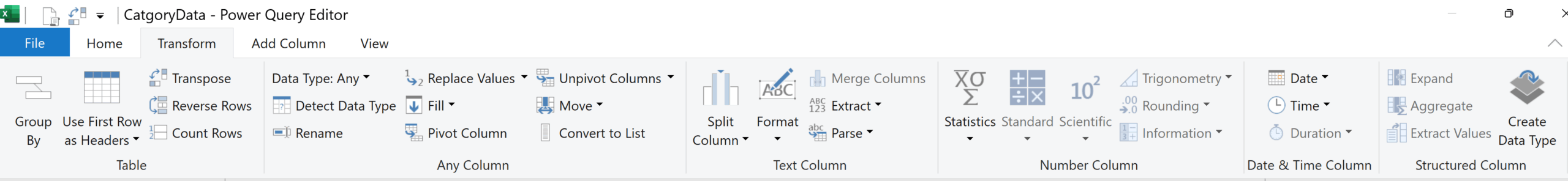 options in the transform tab in Power query ribbon