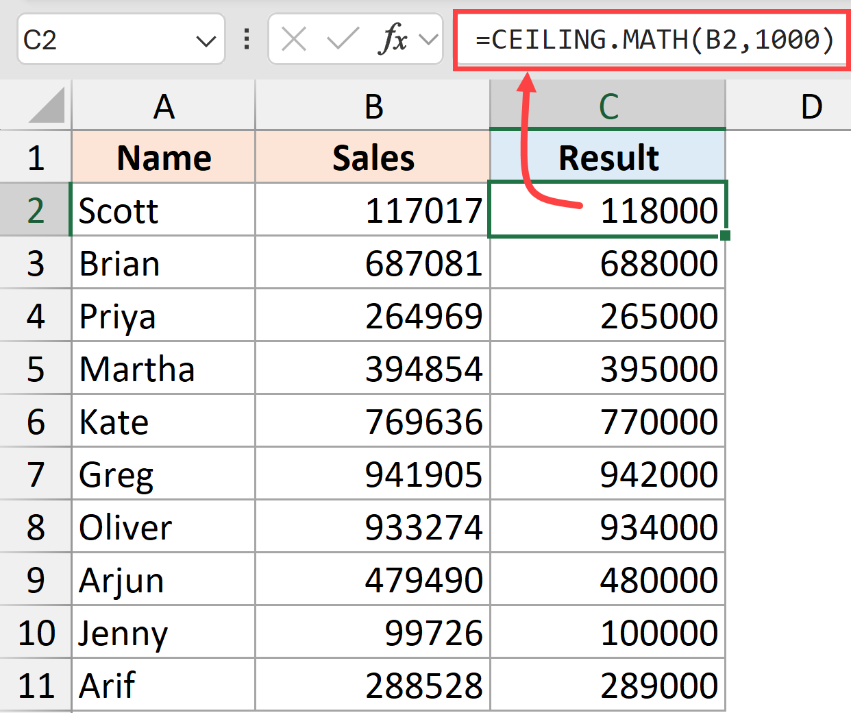 CEILINGMATH to round to nearest 1000