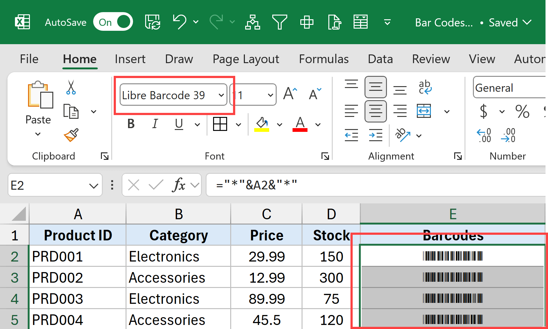 Change the font of the cells that have the barcodes