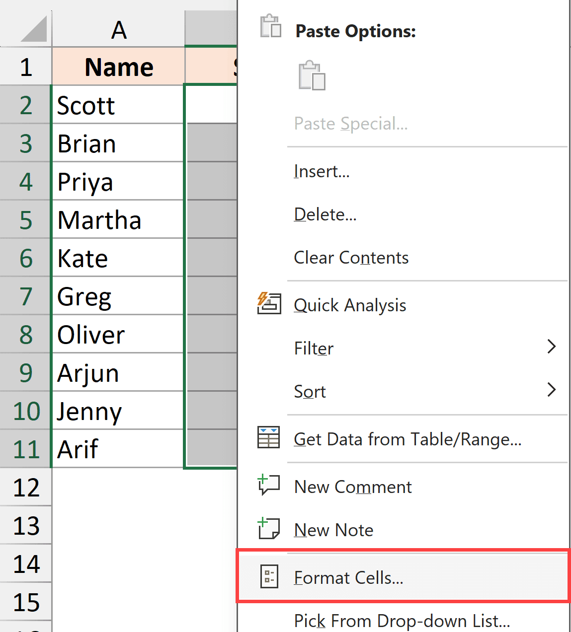 Click on Format Cells