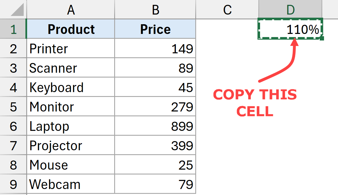 Copy the selected percentage value