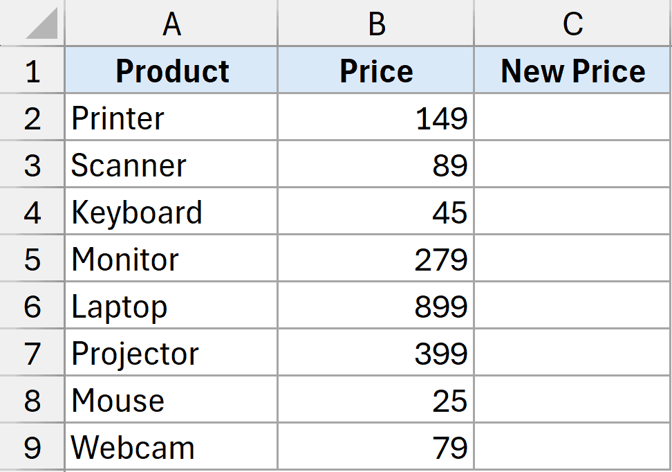Dataset to add percentage to a number in Excel