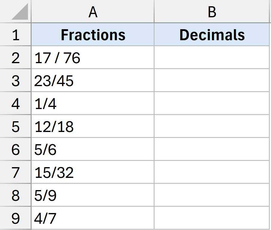 Dataset to convert fractions to decimals using formulas in Excel