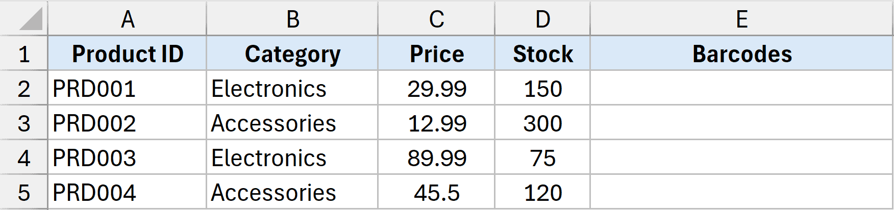 Dataset to generate barcodes in Excel