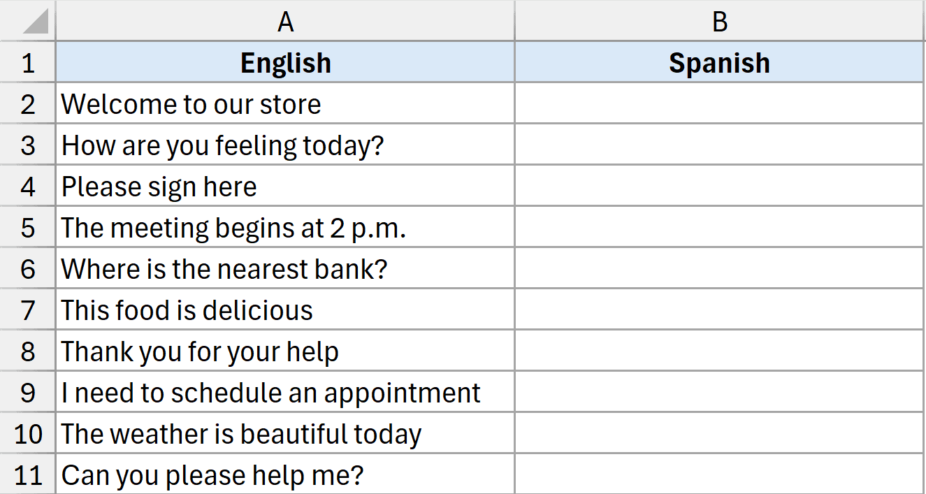 Dataset to use translate function in Excel