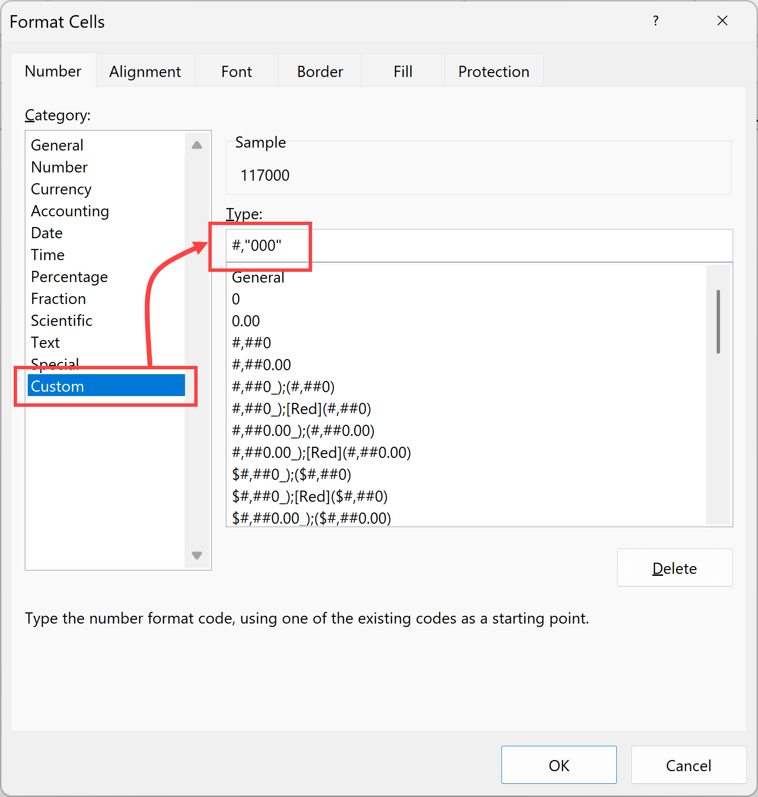 Enter the custom format code