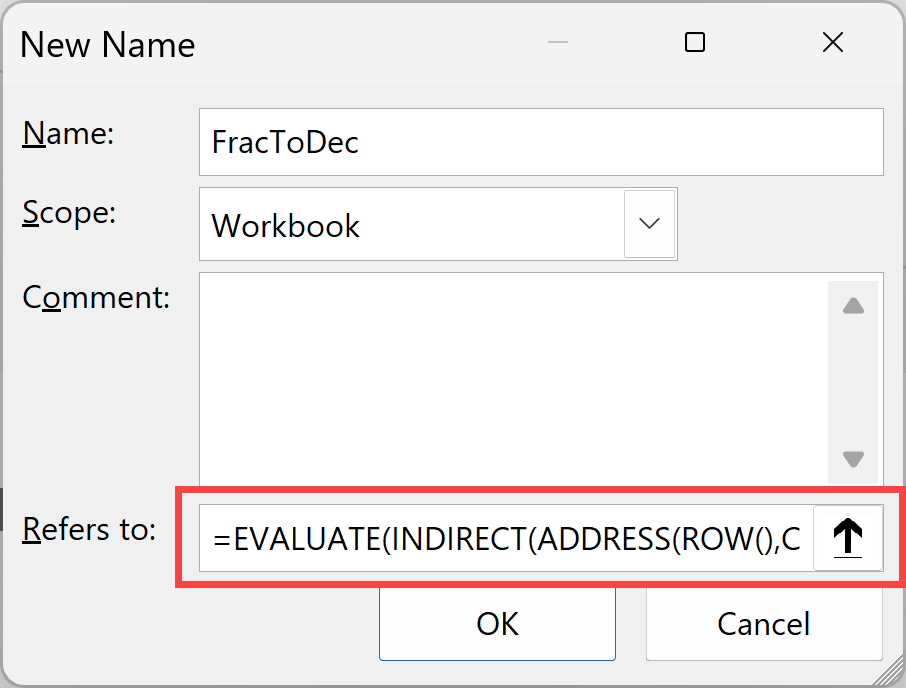 Enter the formula in the new name dialog box