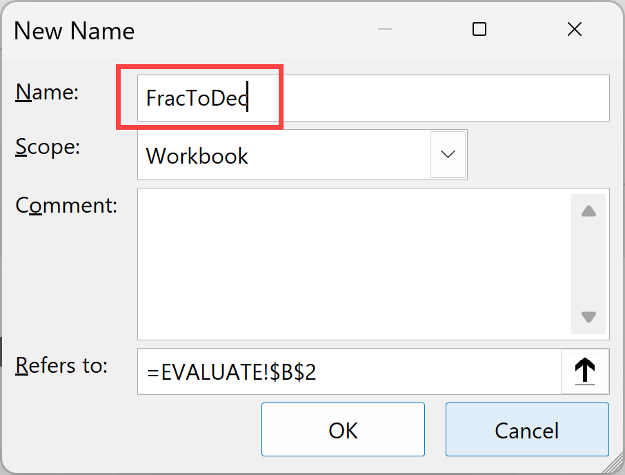 Enter the name for the defined name