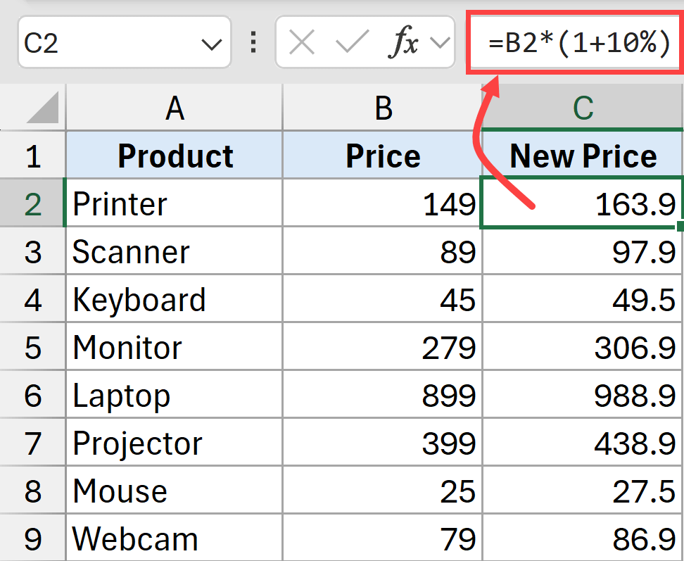 Formula to write percentage to a number in Excel