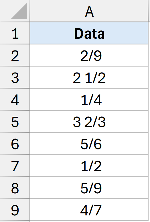 Fractions data set in excel