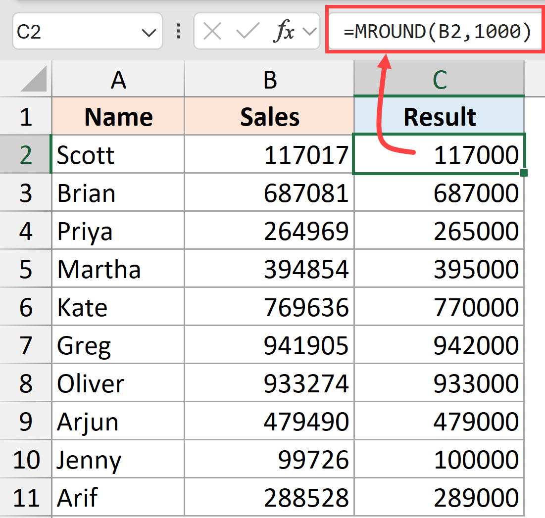 MROUND to round to nearest 1000