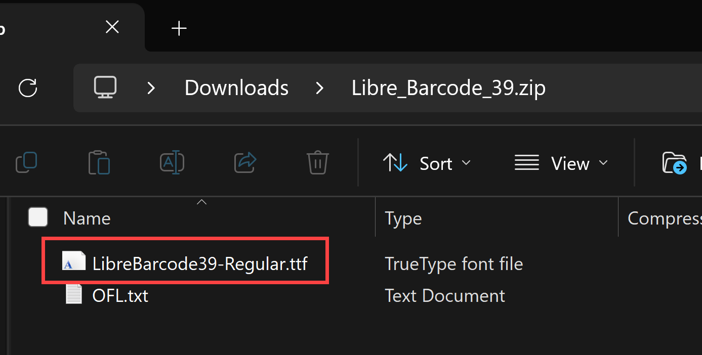 Open the Libre Barcode 39 font file