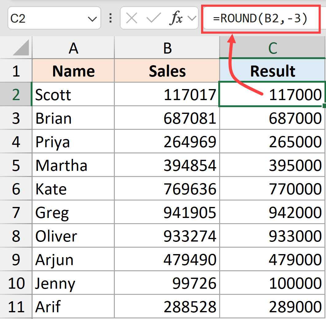 ROUND function to round to nearest 1000