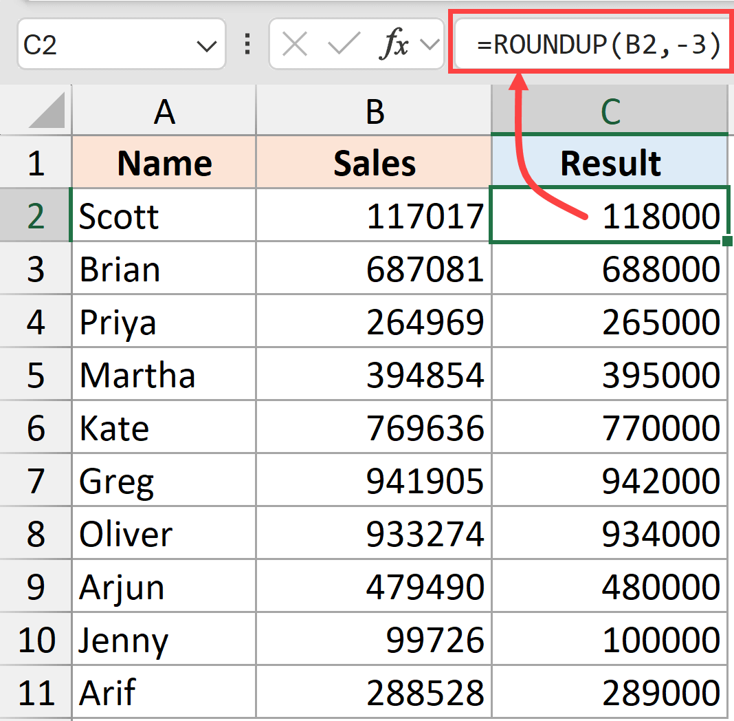 ROUNDUP function to round to nearest 1000